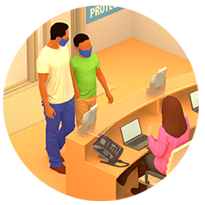 illustration-front-office Illustration of person at front desk talking to two people.