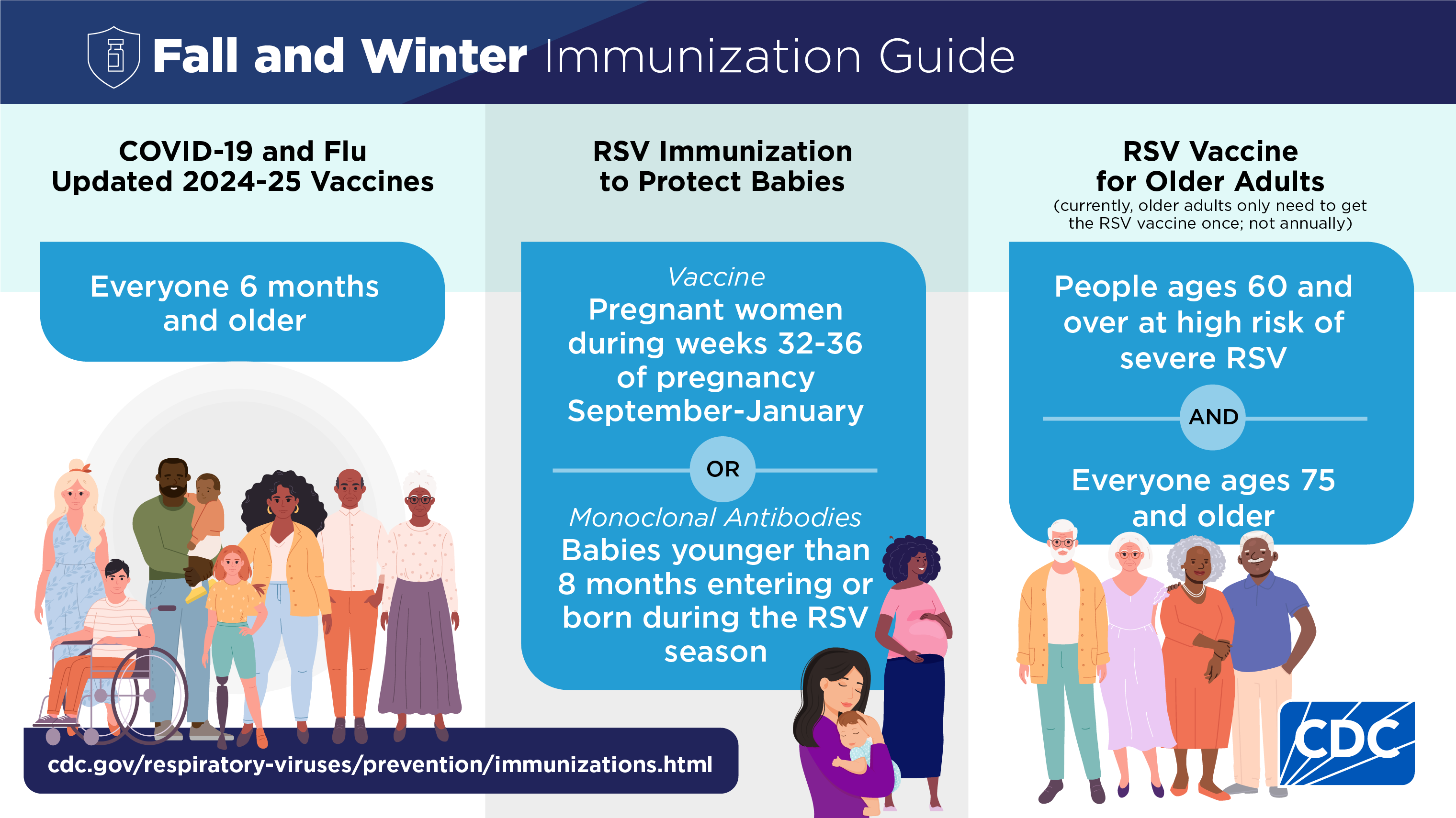 2024 Fall Winter Immunization Guide Everyone 6 months and older is recommended updated 2024-25 COVID-19 and flu vaccines. Pregnant women are recommended an RSV vaccine during weeks 32-36 of pregnancy during RSV season or babies entering or born during the RSV season are recommended monoclonal antibodies. People ages 60 and over at high risk of severe RSV and everyone ages 75 and older are recommended an RSV vaccine. Currently older adults only need to get the RSV vaccine once; not annually. cdc.gov/respiratory-viruses/prevention/immunizations.html. CDC logo.