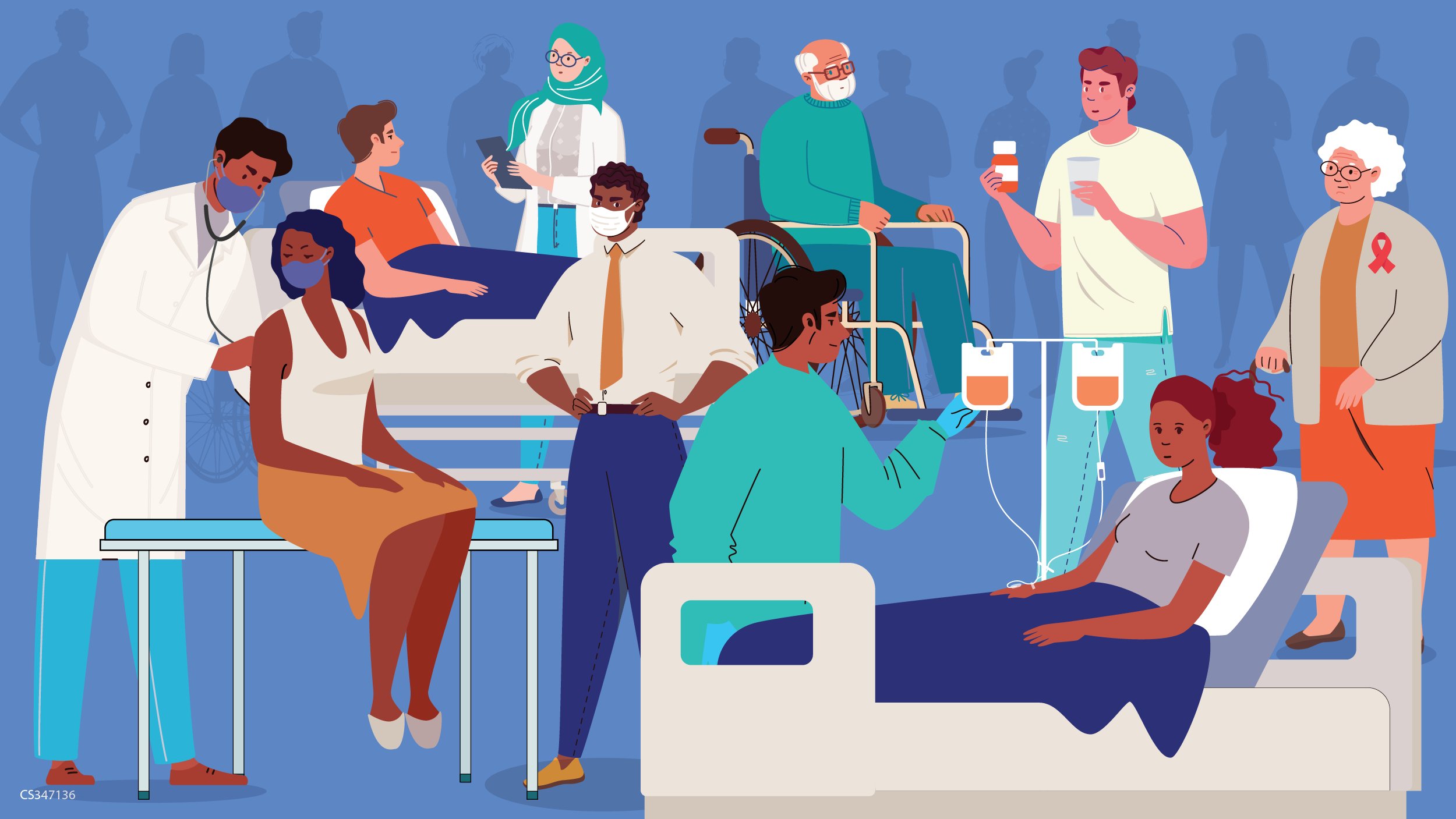 People with weakened immune systems are at a higher risk for fungal diseases An illustration of a group of sick people