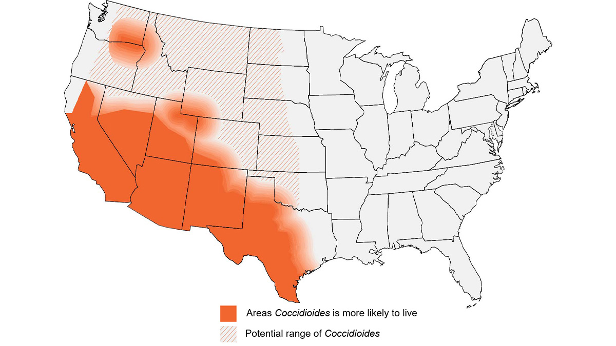 A map showing the approximate area with Coccidioidomycoses in the US