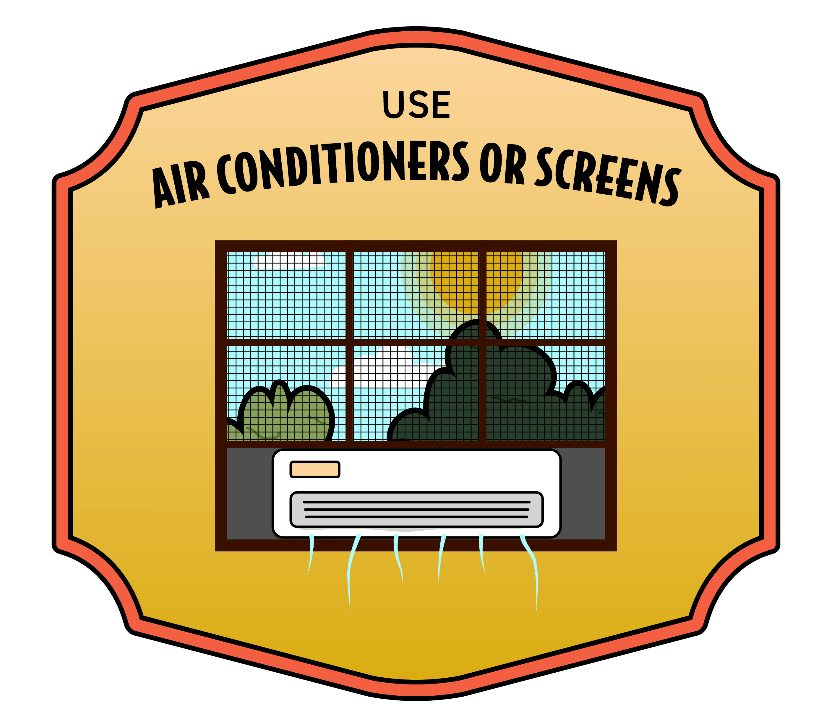 Fight the Bite personal protective behavior badge showing window screens and air conditioning.