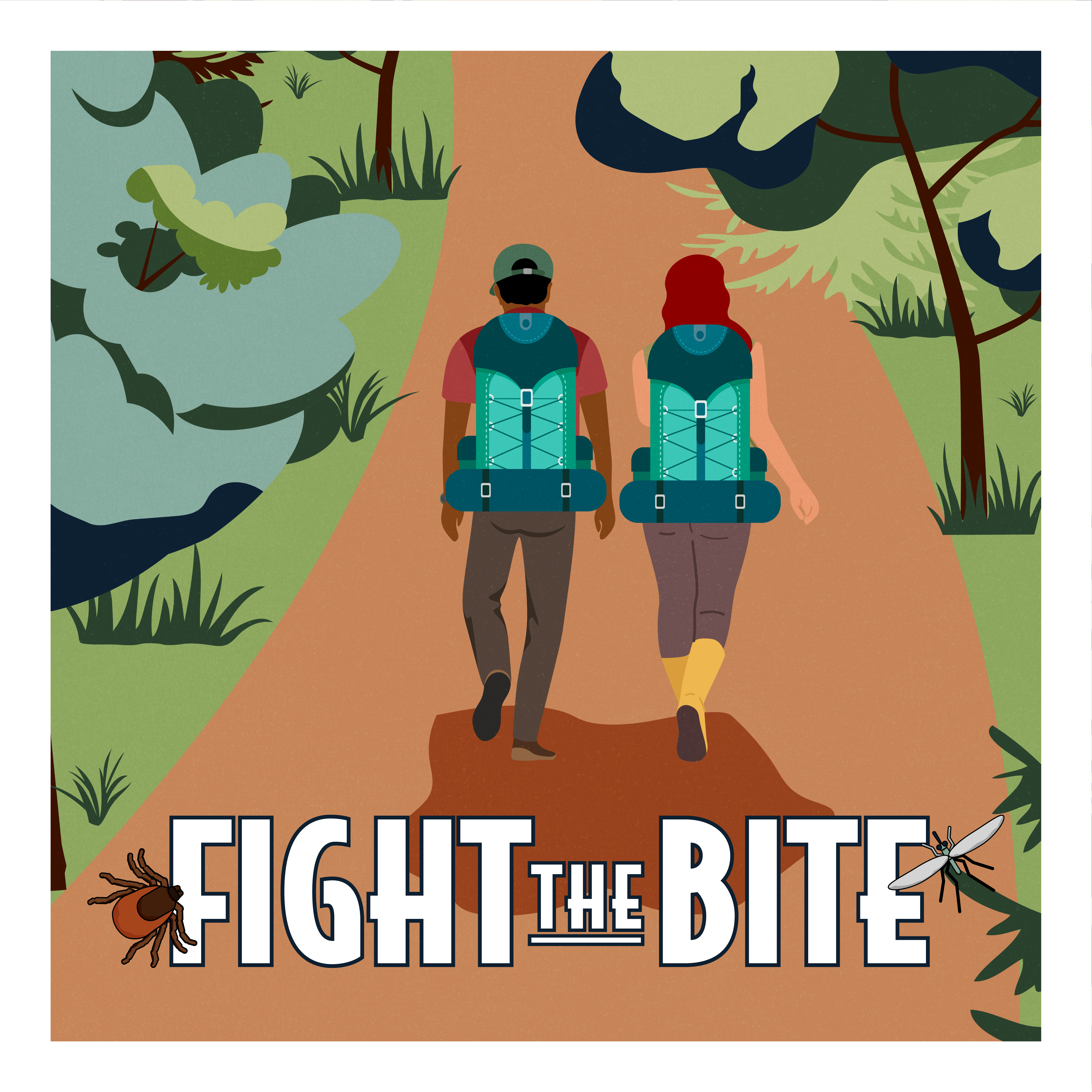 Graphic of people hiking on a trail for Fight the Bite campaign.
