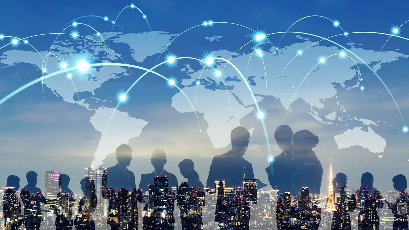 Meetings & Announcements Graphic with world map overlayed with city buildings and silhouettes of people.