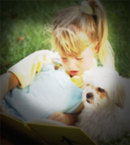 A picture of a girl and her dog, but the image is blurry and the outer corners are dark.