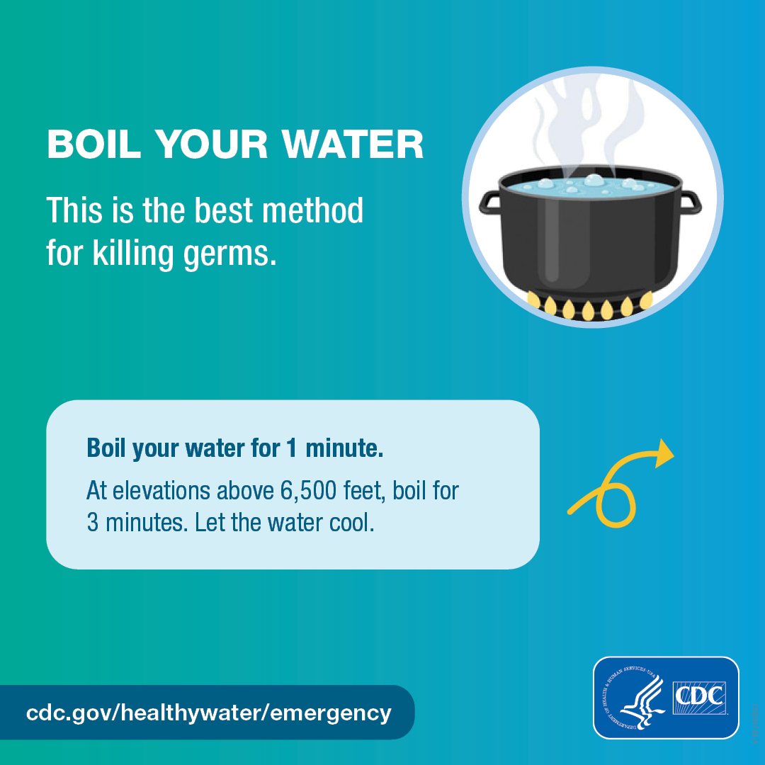 Make water safe – 2/4 carousel graphic 1080x1080 – English Illustrated pot of water boiling over a gas burner and a next arrow. Text on the graphic says, “Boil your water. This is the best method for killing germs. Boil you water for 1 minute. At elevations above 6,500 feet, boil for 3 minutes. Let the water cool.”