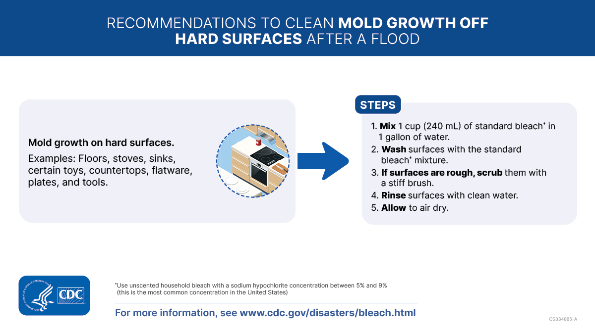 Cleaning mold off surfaces graphic 1200x675 – English Illustration of a kitchen. Text on the graphic says, “Recommendations to clean mold growth off hard surfaces after a flood. Mold growth on hard surfaces. Examples: Floors, stoves, sinks, certain toys, countertops, flatware, plates, and tools. Steps 1) Mix 1 cup (240 mL) of standard bleach in 1 gallon of water. Use unscented household bleach with a sodium hypochlorite concentration between 5% and 9% (this is the most common concentration in the United States). 2) Wash surfaces with the standard bleach mixture. 3) If surfaces are rough, scrub them with a stiff brush. 4) Rinse surfaces with clean water. 5) Allow to air dry.”