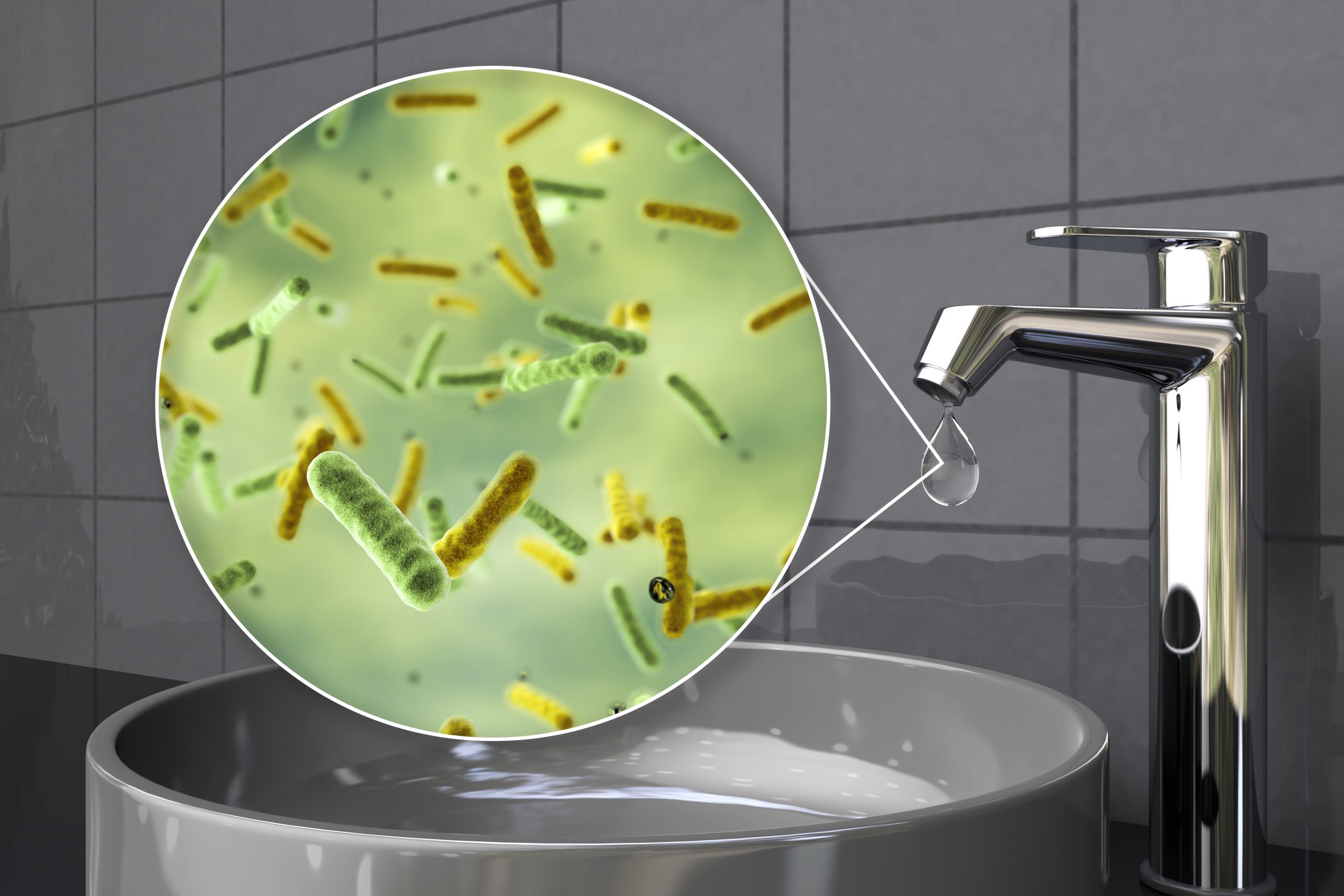 Llave de un fregadero con una gota de agua saliendo Llave de un fregadero con una gota de agua saliendo. Un recuadro ampliado muestra que hay microbios en la gota de agua.