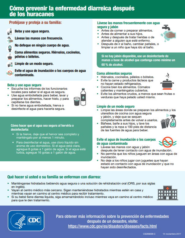 Small image of a fact sheet about Preventing Diarrheal Illness After a Disaster - Spanish