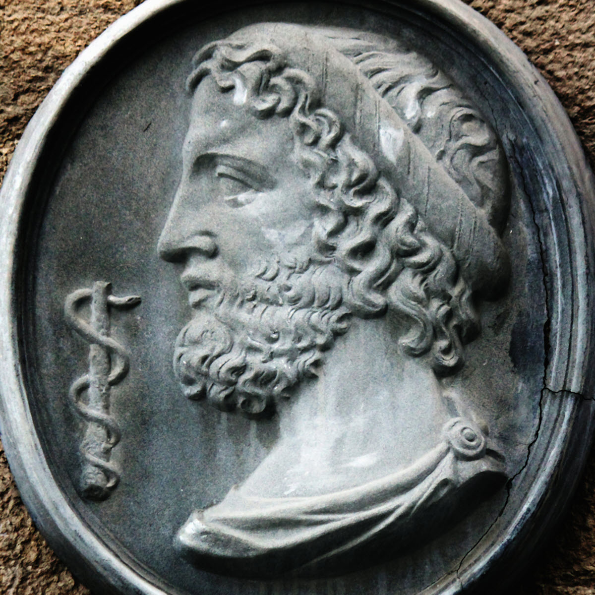 World TB Day History Hippocrates 1200x1200 A carving of Hippocrates, with curly hair and a Caduceus - a rod with a snake around it often symbolizing health
