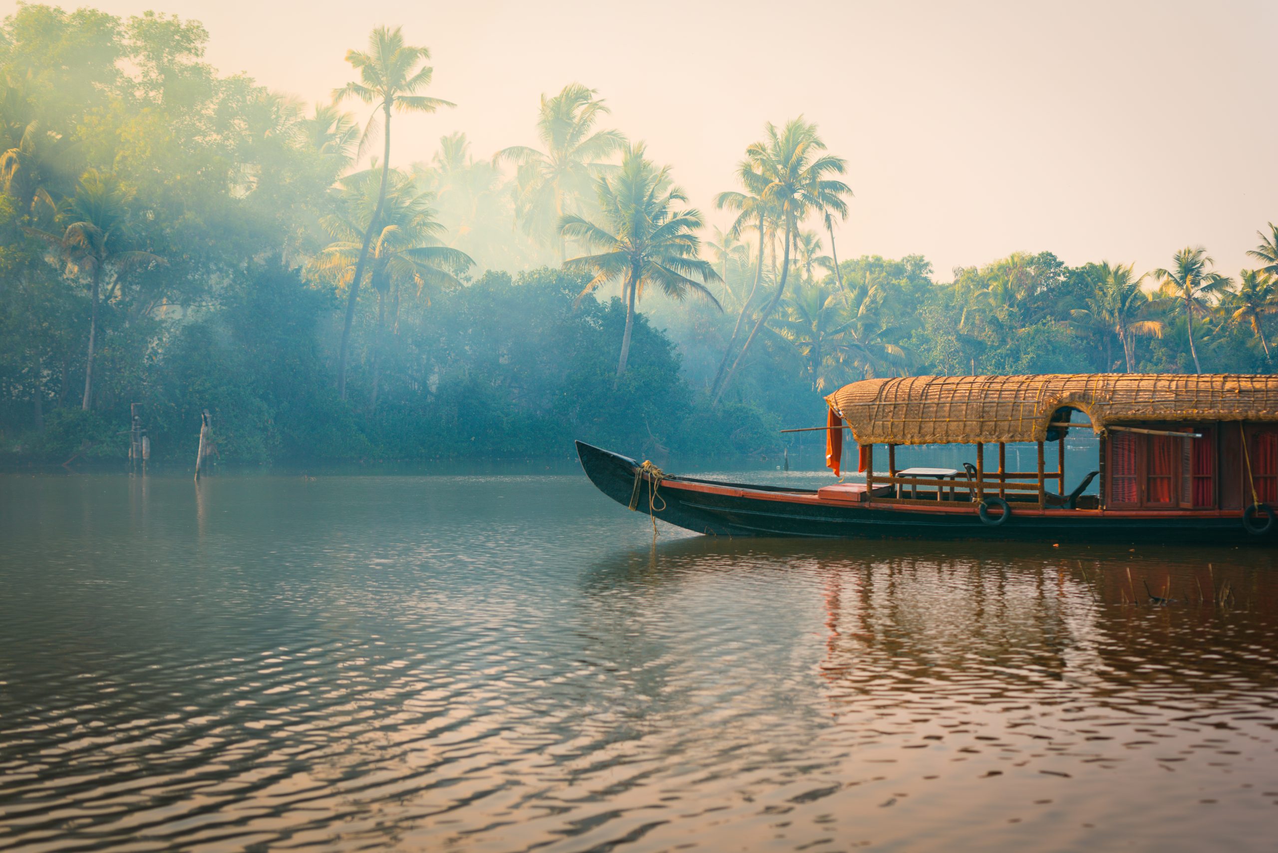 House boat on a lake in Kerala, India.