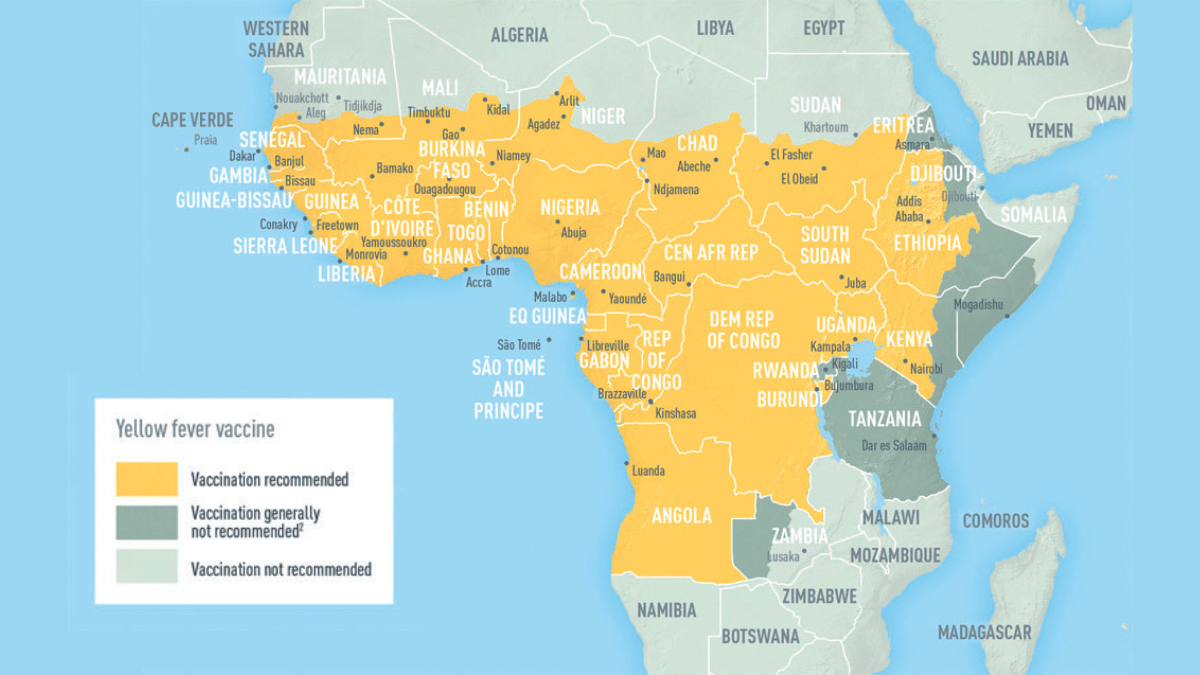 Map: Africa showing areas at risk for yellow fever transmission and vaccination recommendation for Angola, Tanzania, Democratic Republic of the Congo, Republic of the Congo, Gabon, Equatorial Guinea, Burundi, Rwanda, Uganda, Kenya, Somalia, Ethiopia, Central African Republic, Cameroon, Nigeria, Benin, Ghana, Cote d'Ivoire, Liberia, Sierra Leone, Guinea, Buinea-Bissau, The Gambia, Senegai, Burkina Faso, Togo, and parts of Mauritania, Mali, Niger, Chad, and Sudan.