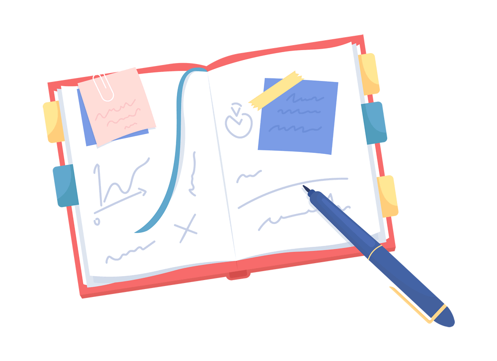 An open notebook with notes, and a pen.
