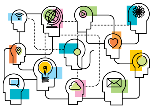 Action plan Line-drawn head profiles with different icons, connected by solid and dotted lines.