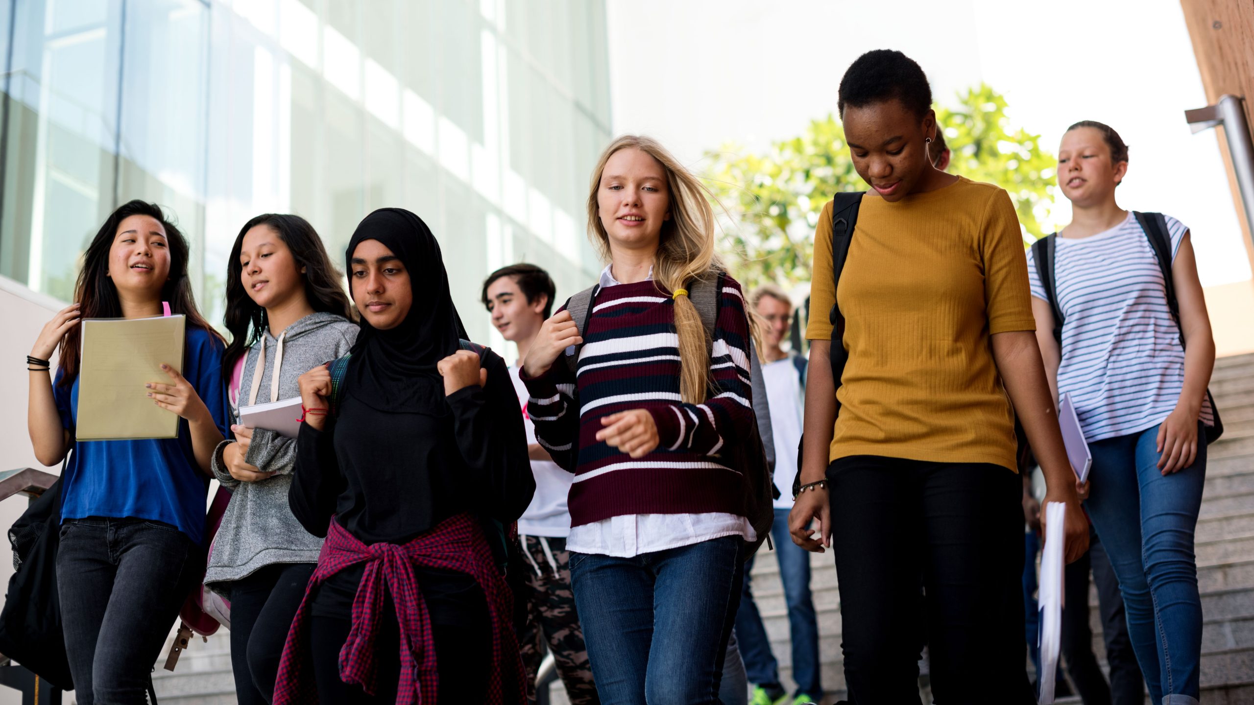 A group of high school students walking to school.