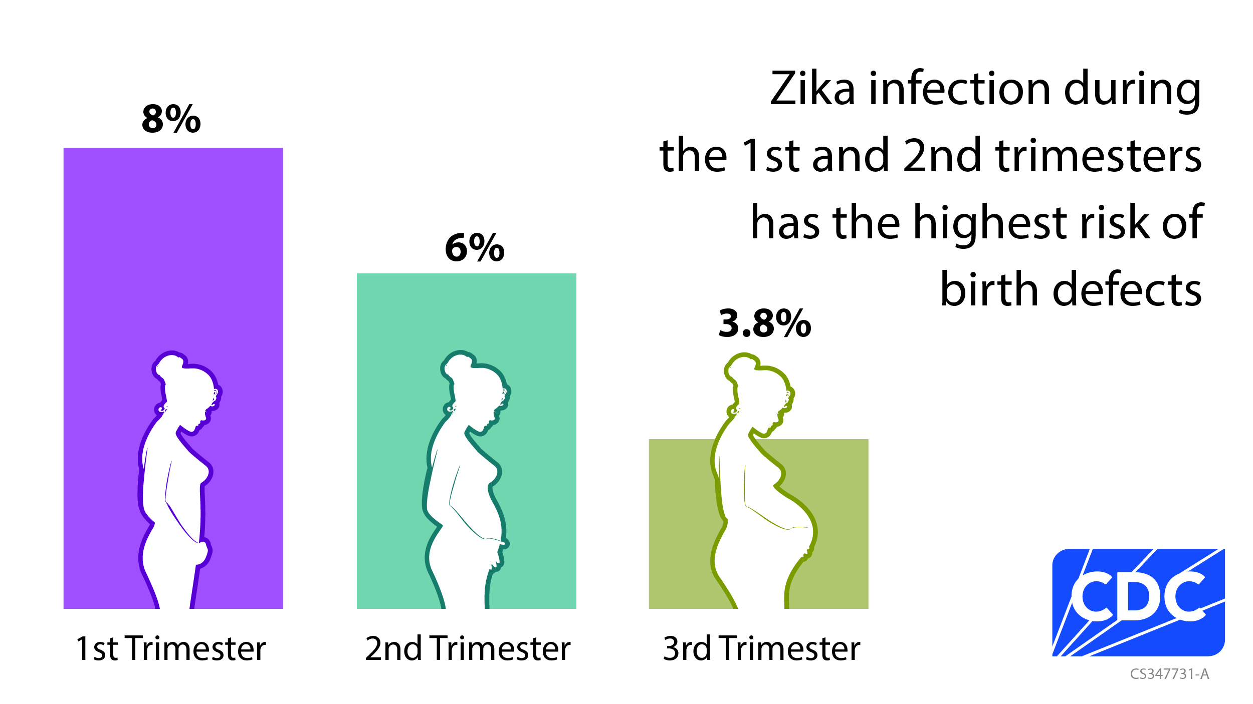 Zika Birth Defect Graphic Trimester Bar chart with three columns showing that 8%, 6% and 3.8% of people with Zika virus infection during pregnancy during the first, second and third trimesters, respectively, had an infant with a birth defects.