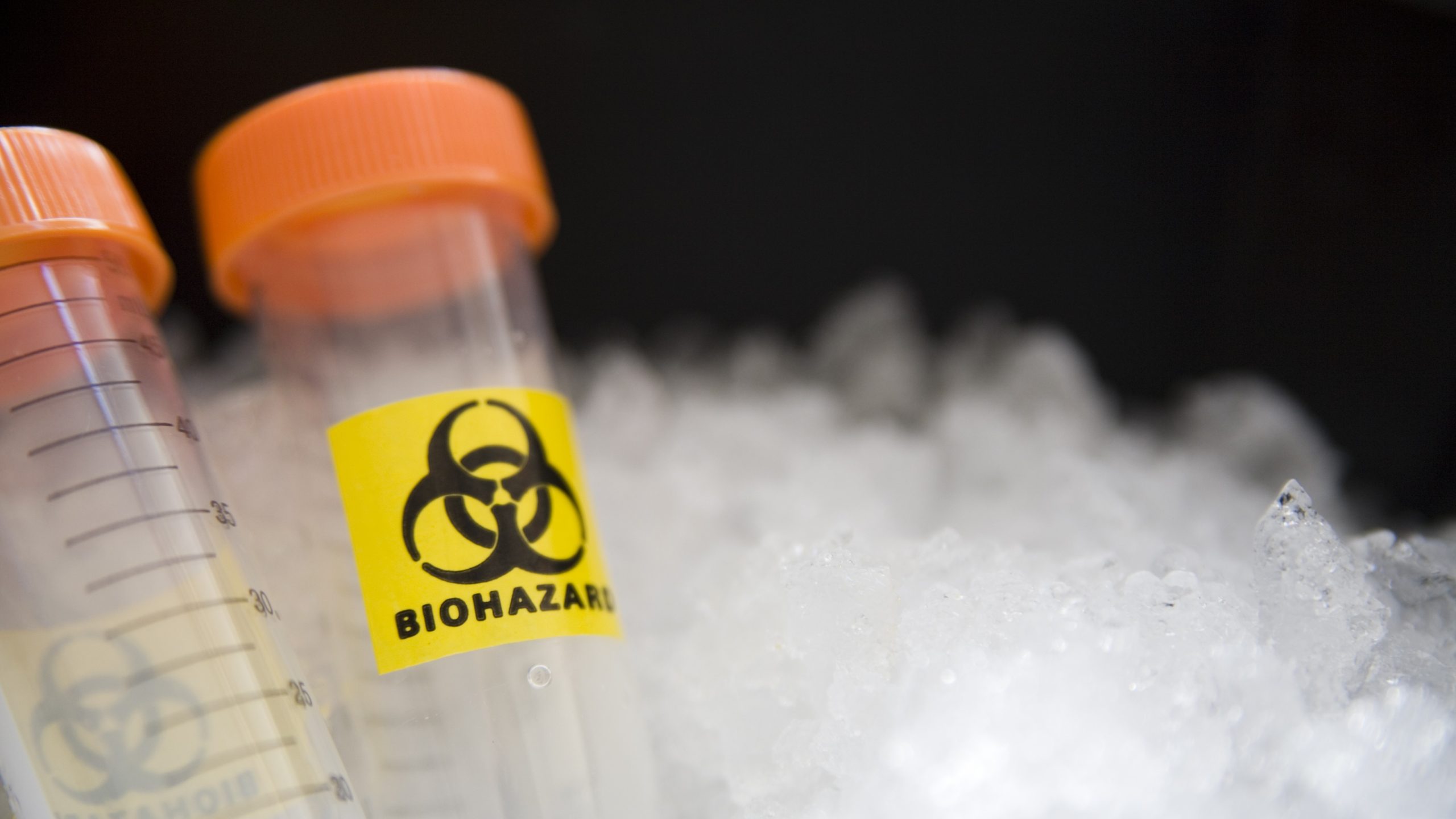 -- title missing -- Tubes in styrofoam labelled "biohazard"